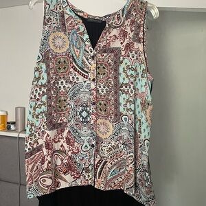 Spense Green and Black Graphic Sleeveless Blouse